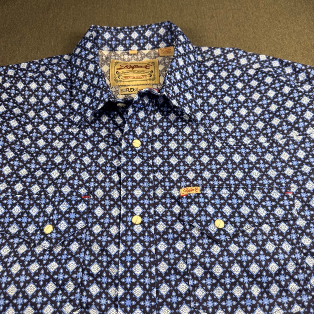 Rafter C Cowboy Collection Mens XL Blue Geometric ProFlex 45 Western Snap Shirt‎